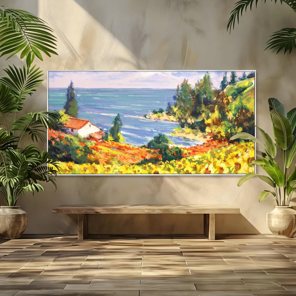 Tablou canvas cu pictura camp cu floarea soarelui si mare, in rama de aluminiu argintiu
